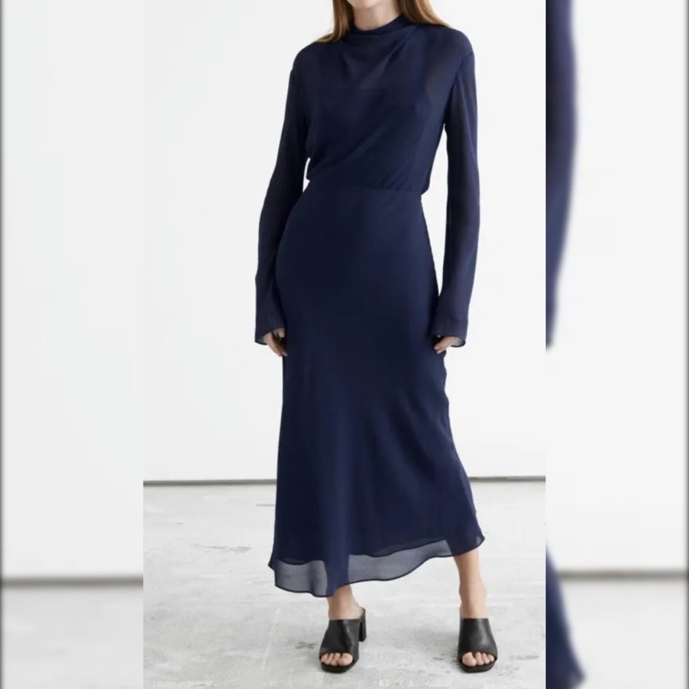 &OtherStories Belted Mock Neck Midi Dress in Midnight Blue US8